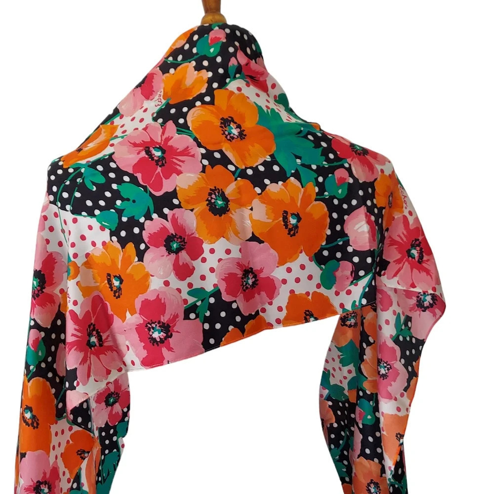 Echo Pink Orange Green Black White Polka Dot Silk Huge Rectangular Scarf Floral